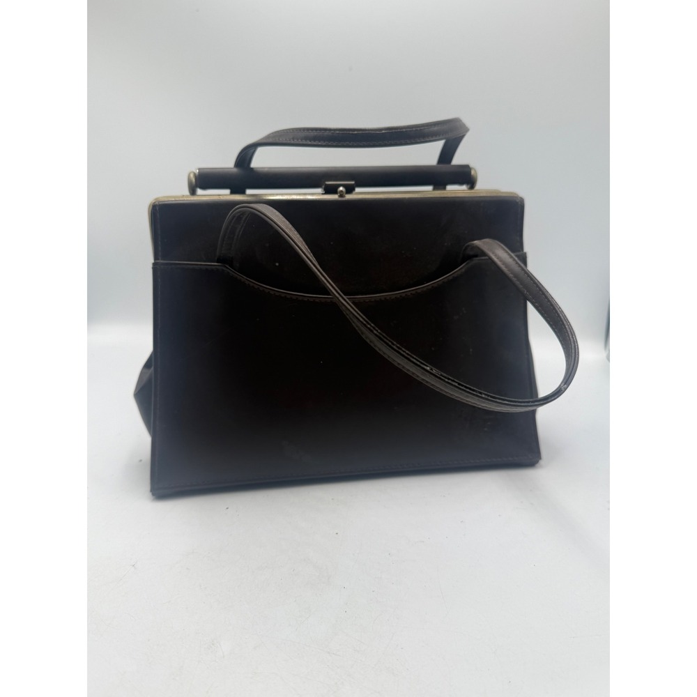 Vintage Brown Faux Leather Kiss Lock Handbag Mid Century Frame Bag Top Handle